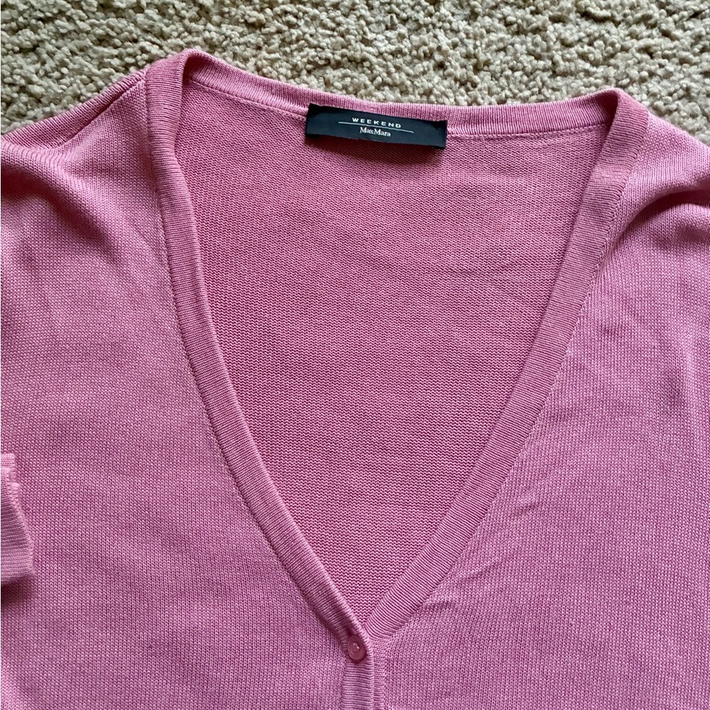 Weekend Max Mara Silk Linen Cropped Cardigan in Dusty Pink - Picture 3 of 5